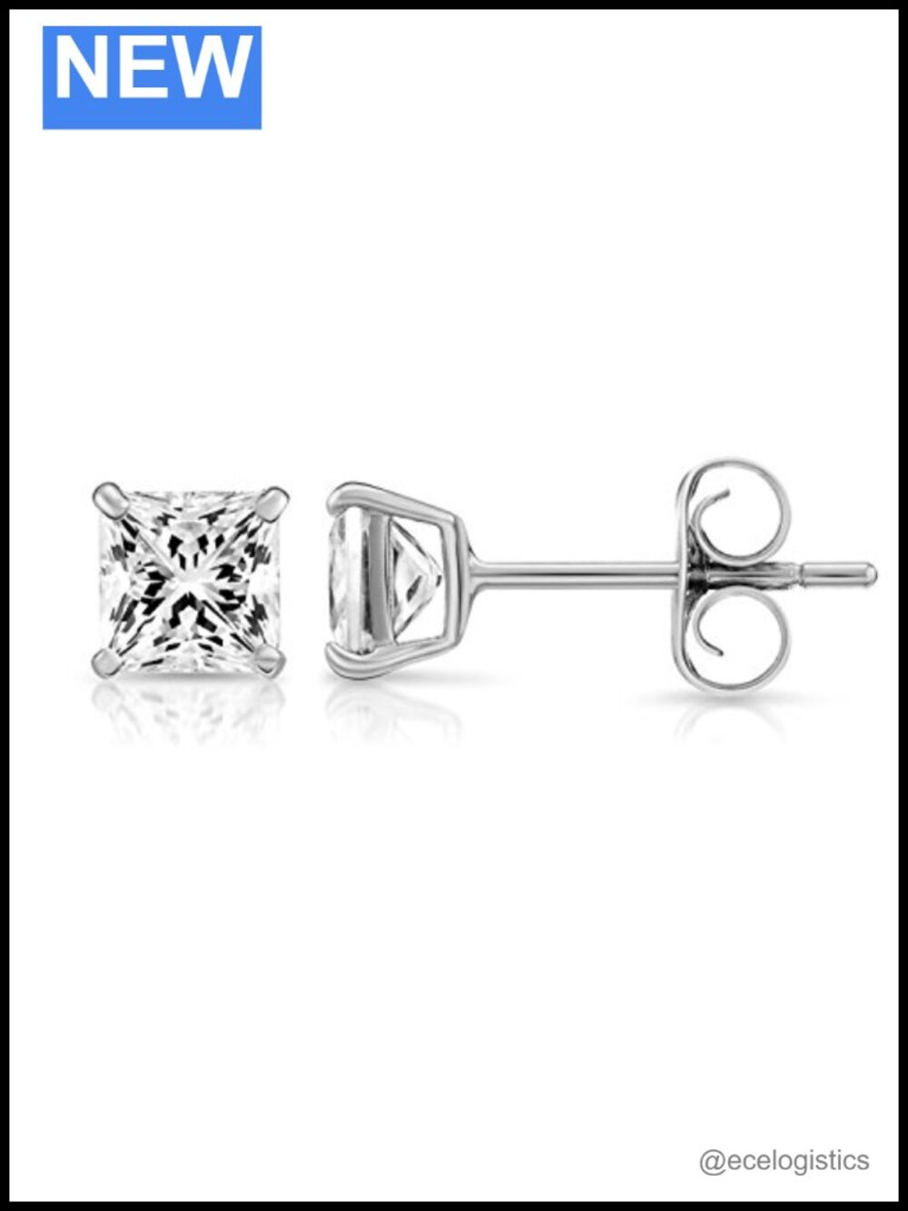 14k White Gold Princess Cut CZ Stud Earrings Real Gold Cubic Zirconia Studs